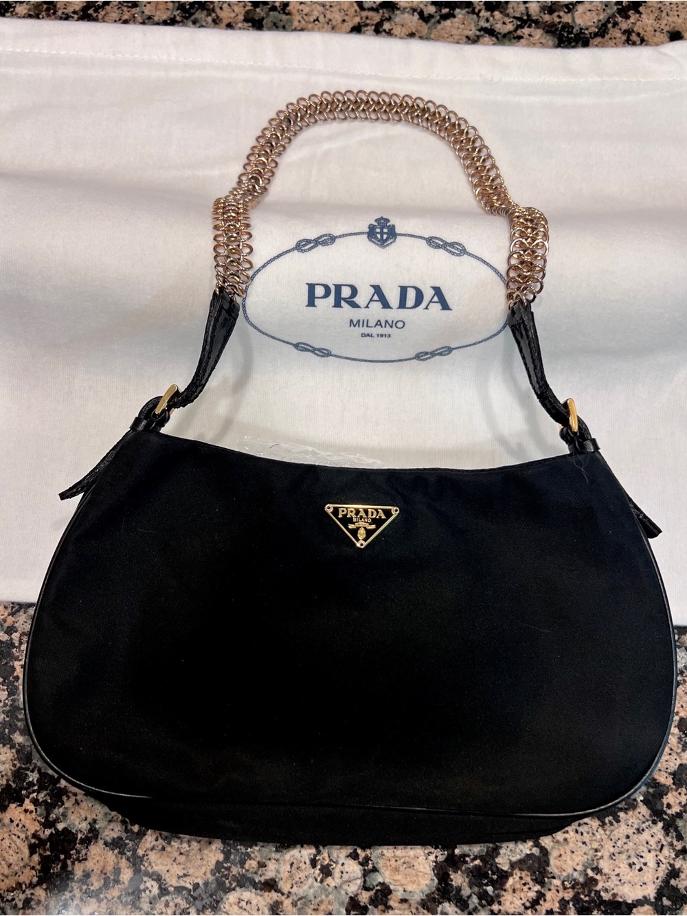 PRADA⭐️Authentic Black Nylon Mini Hobo Bag with Gold Chain Handle